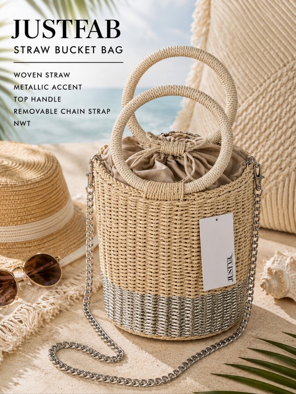 JustFab Straw Bucket Bag Hobo Metallic Silver Woven Chain Strap Boho Coastal NWT